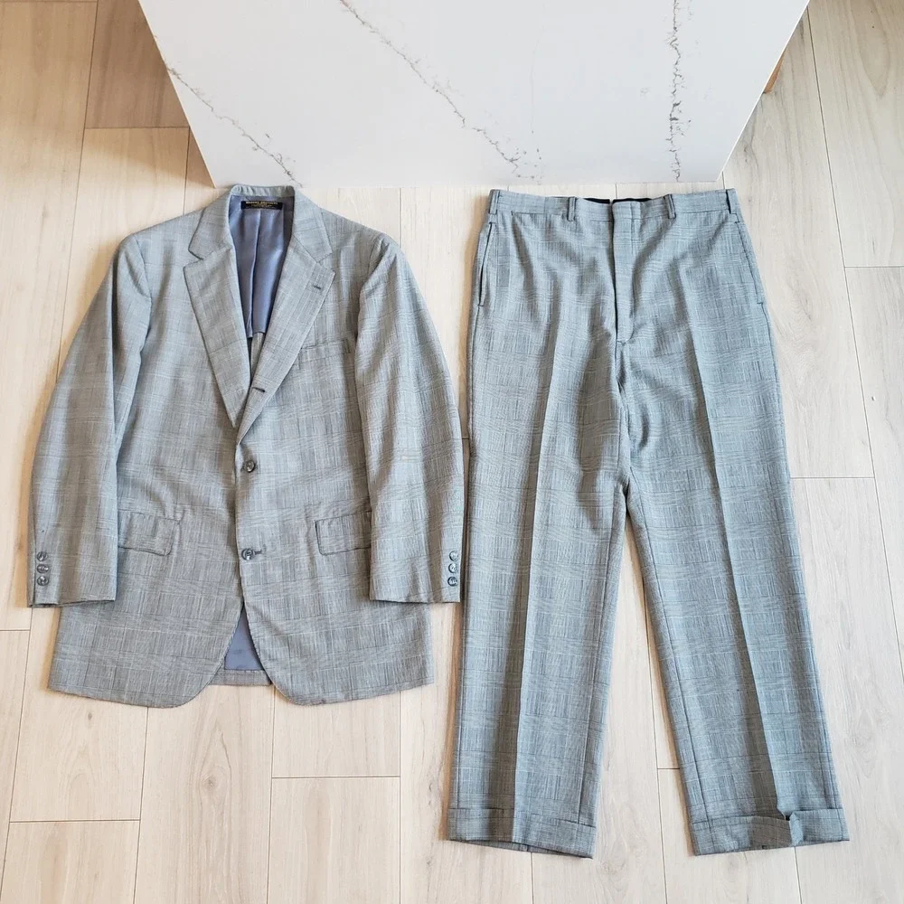 Brooks Brothers Makers Suit Mens 42L 36x31 Gray Wool Glen Plaid 2 Piece Made USA